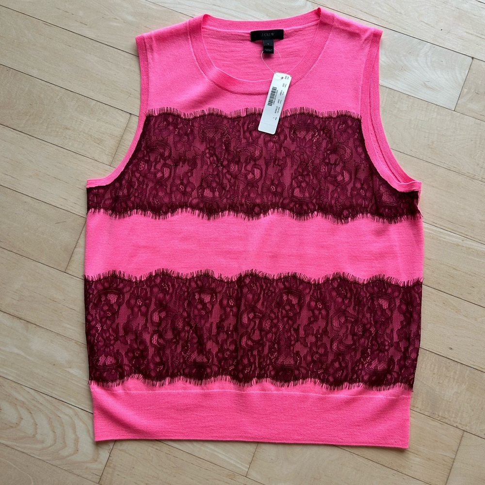 J. Crew Pink Women's 100% Merino Wool Tank Top with Lace Detail - Size Large NWT - Picture 2 of 9